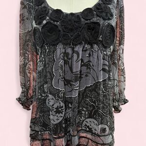 Vintage ice Black Floral Rosette Sheer Babydoll Dress L Y2K